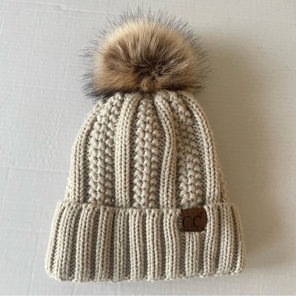 C.C Cozy Knit Pom-Pom Beanie - Cream